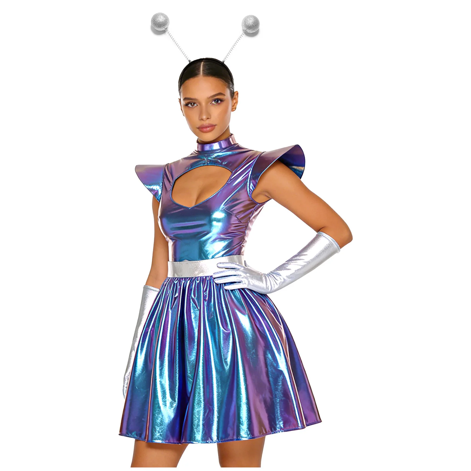 Adult Women Silver Astronaut Costume Alien Tutu Dress Suit Space Cadet Leotards Dress for Halloween Cosplay Theme Party Dress-up