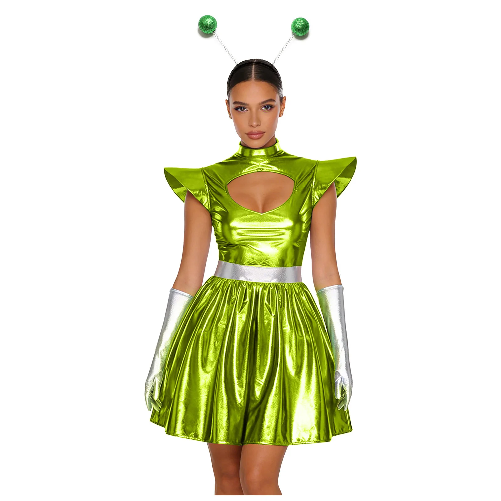 Adult Women Silver Astronaut Costume Alien Tutu Dress Suit Space Cadet Leotards Dress for Halloween Cosplay Theme Party Dress-up