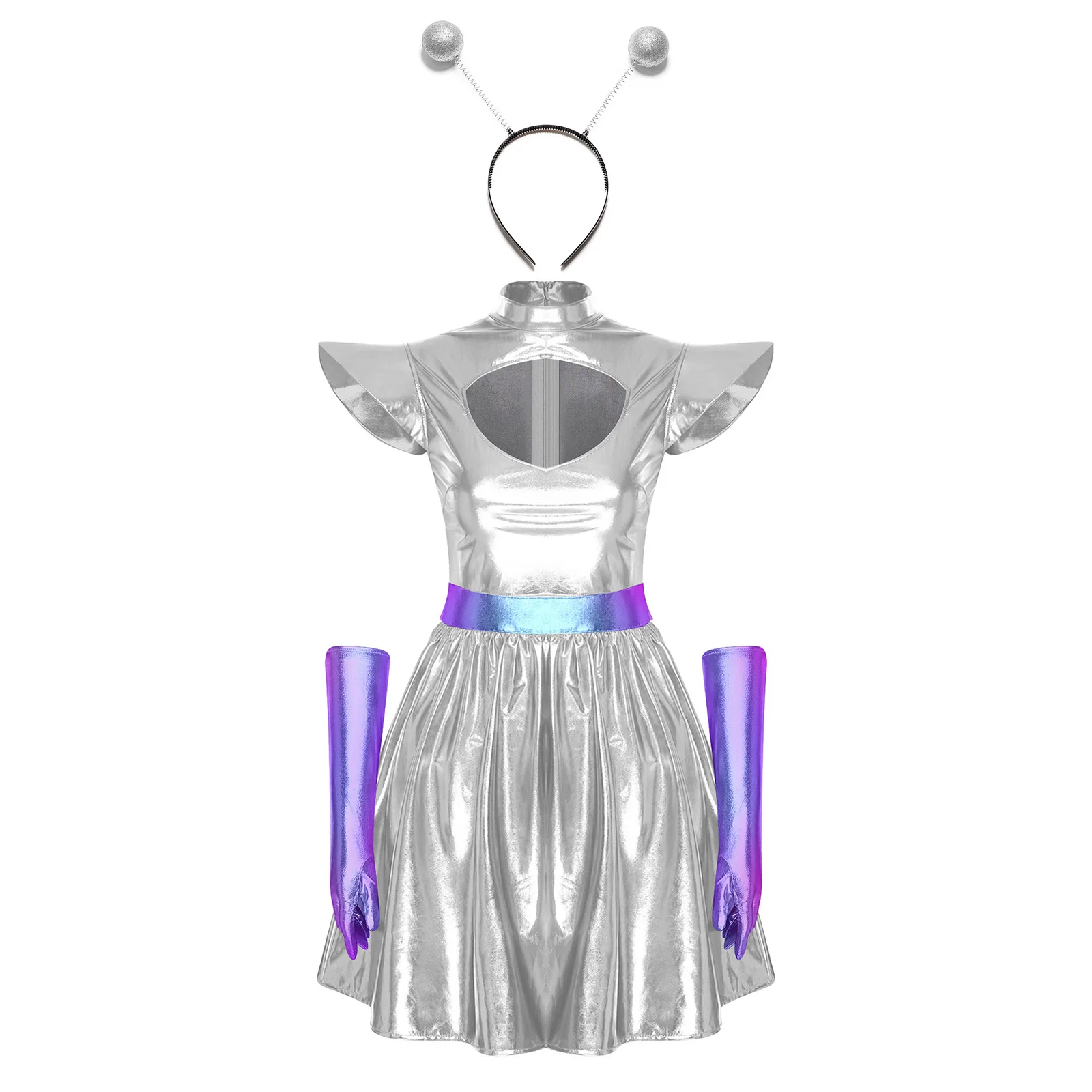 Adult Women Silver Astronaut Costume Alien Tutu Dress Suit Space Cadet Leotards Dress for Halloween Cosplay Theme Party Dress-up