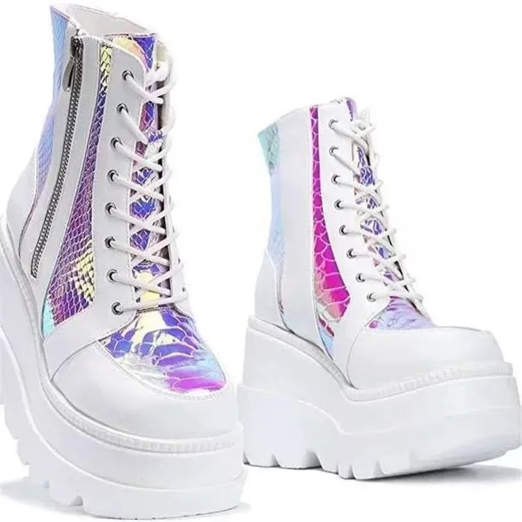 Women's Platform Slip-On Boots Autumn Winter High Help Chunky Shoes Color Block Lace Up Large Size Casual Fashion Footwear