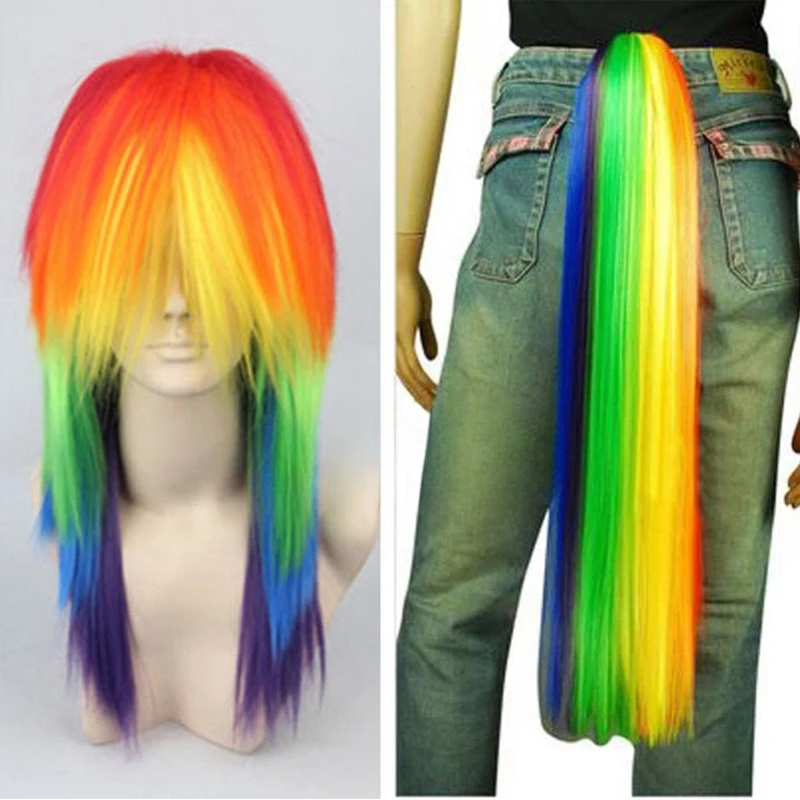 Anime Rainbow Dash Multi Color Synthetic Hair Cosplay Costume Wigs Heat Resistance Fiber Wigs