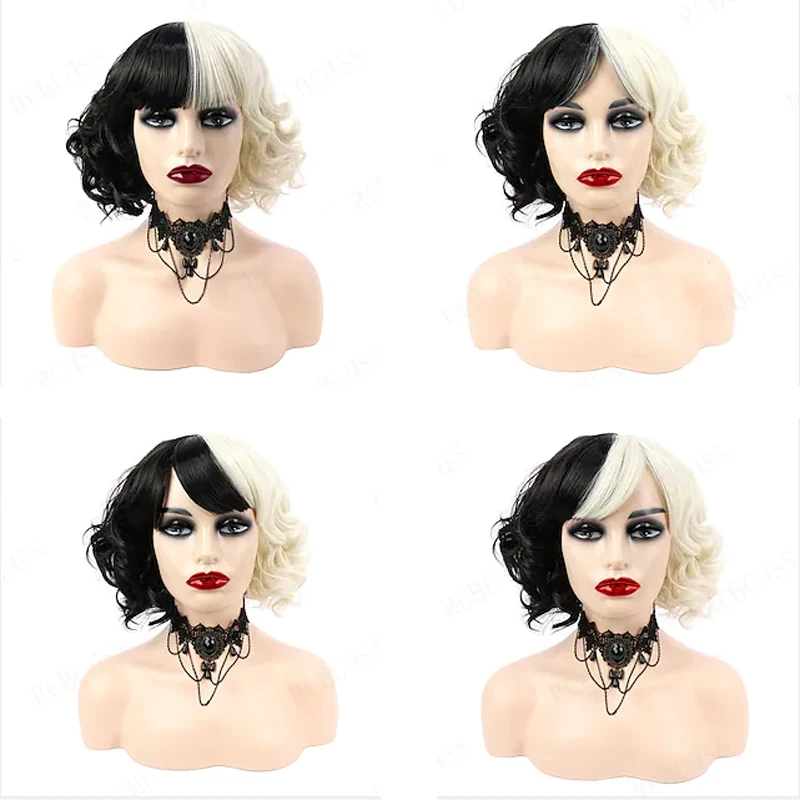 HAIRJOY Synthetic Hair Cosplay Cruella Loose Curl Bob with Neat Bang Black White Wig for Women Halloween Costume