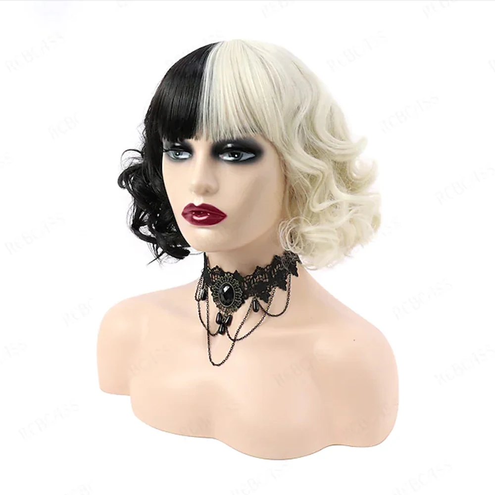 HAIRJOY Synthetic Hair Cosplay Cruella Loose Curl Bob with Neat Bang Black White Wig for Women Halloween Costume