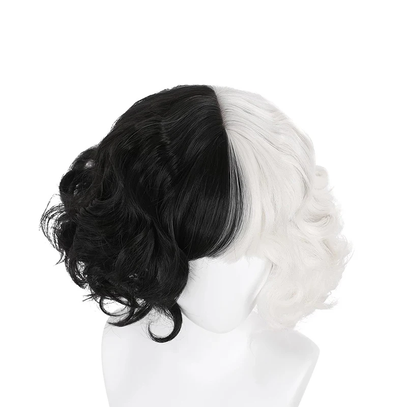 HAIRJOY Synthetic Hair Cosplay Cruella Loose Curl Bob with Neat Bang Black White Wig for Women Halloween Costume