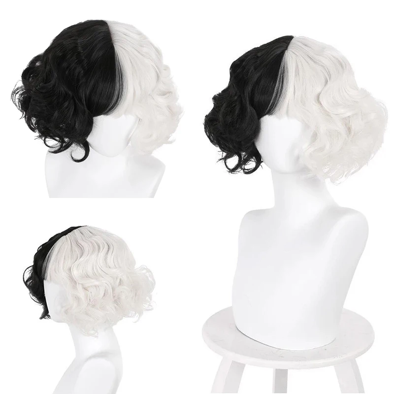 HAIRJOY Synthetic Hair Cosplay Cruella Loose Curl Bob with Neat Bang Black White Wig for Women Halloween Costume