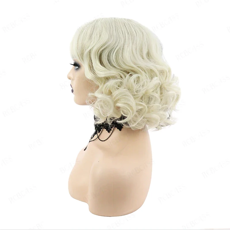 HAIRJOY Synthetic Hair Cosplay Cruella Loose Curl Bob with Neat Bang Black White Wig for Women Halloween Costume