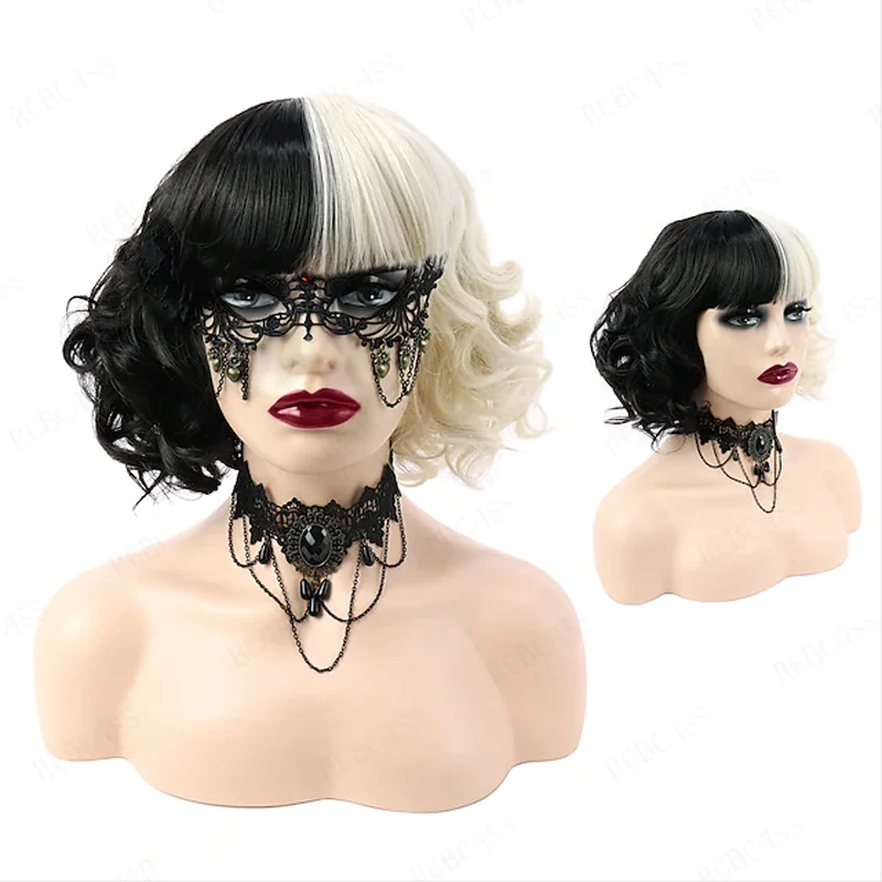 HAIRJOY Synthetic Hair Cosplay Cruella Loose Curl Bob with Neat Bang Black White Wig for Women Halloween Costume