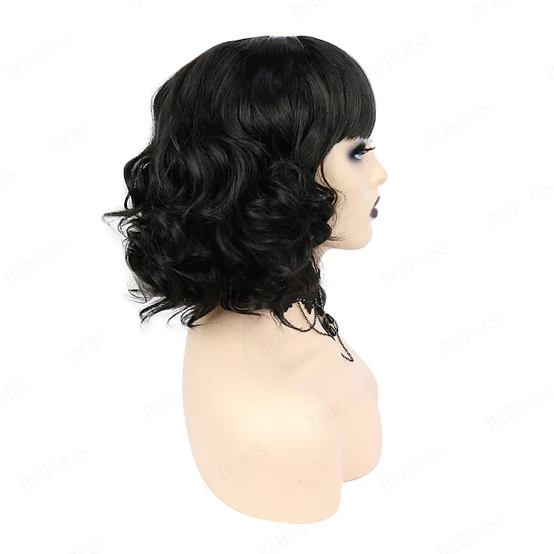 HAIRJOY Synthetic Hair Cosplay Cruella Loose Curl Bob with Neat Bang Black White Wig for Women Halloween Costume