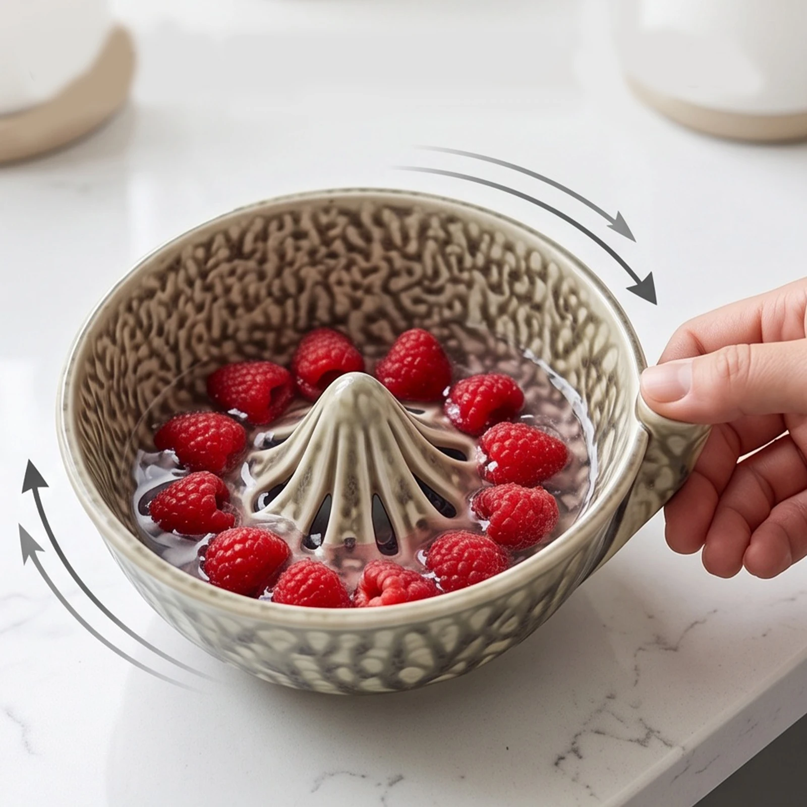 Ceramic Berry Rinse Bowl with Drainage Fruit Washer Spinner 360 Degree Rotating for Home Kitchen Cleaning Berries Vegetables