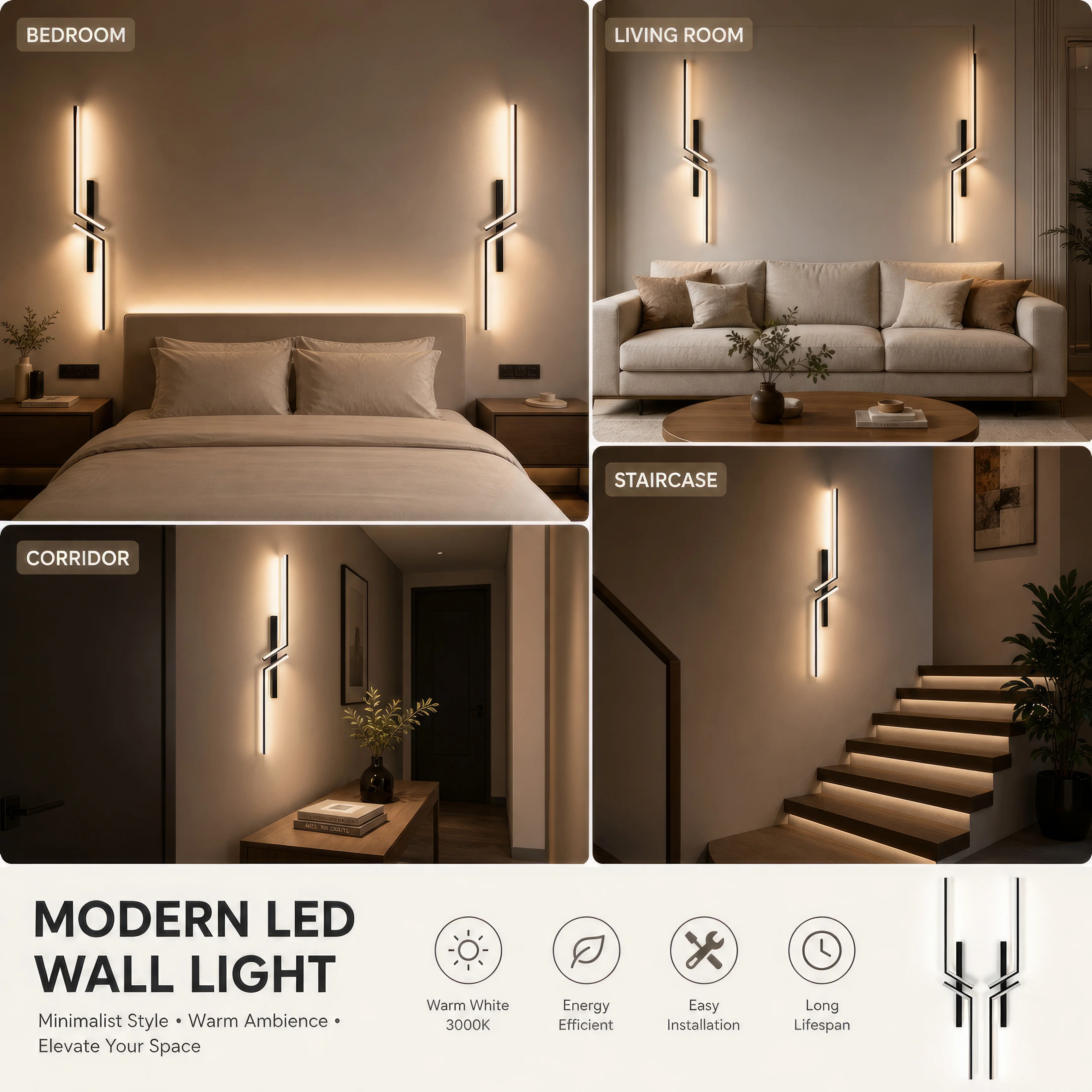 Modern LED Wall Lamp 3000K 4000K 6000K, Minimalist Wall Sconce for Bedroom Bedside Living Room TV Sofa Background Indoor