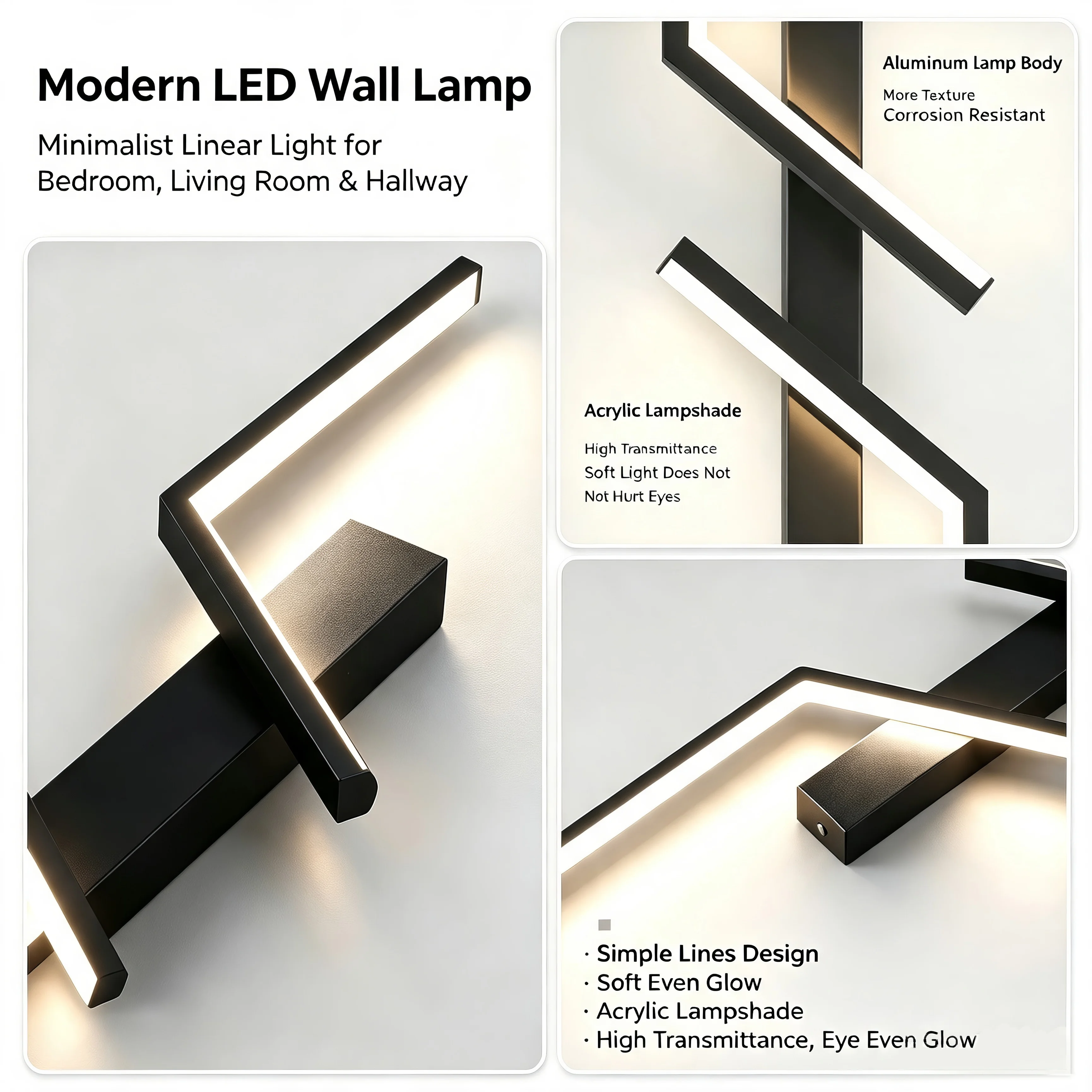 Modern LED Wall Lamp 3000K 4000K 6000K, Minimalist Wall Sconce for Bedroom Bedside Living Room TV Sofa Background Indoor
