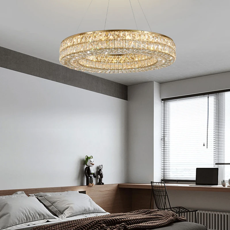 Round Crystal Chandelier Home Decoration Hanging Lamp Living Dinning Room Modern Crystal Pendant Light Kitchen Dimmable LED Lamp