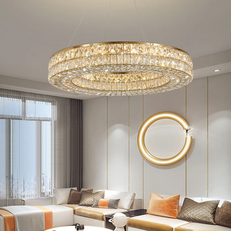 Round Crystal Chandelier Home Decoration Hanging Lamp Living Dinning Room Modern Crystal Pendant Light Kitchen Dimmable LED Lamp