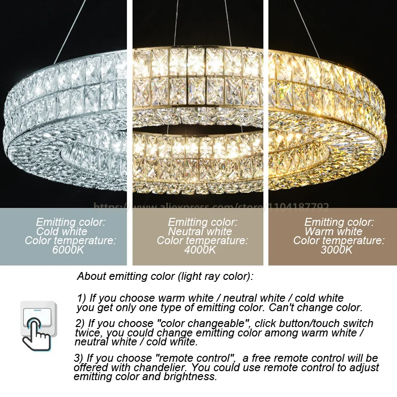 Round Crystal Chandelier Home Decoration Hanging Lamp Living Dinning Room Modern Crystal Pendant Light Kitchen Dimmable LED Lamp