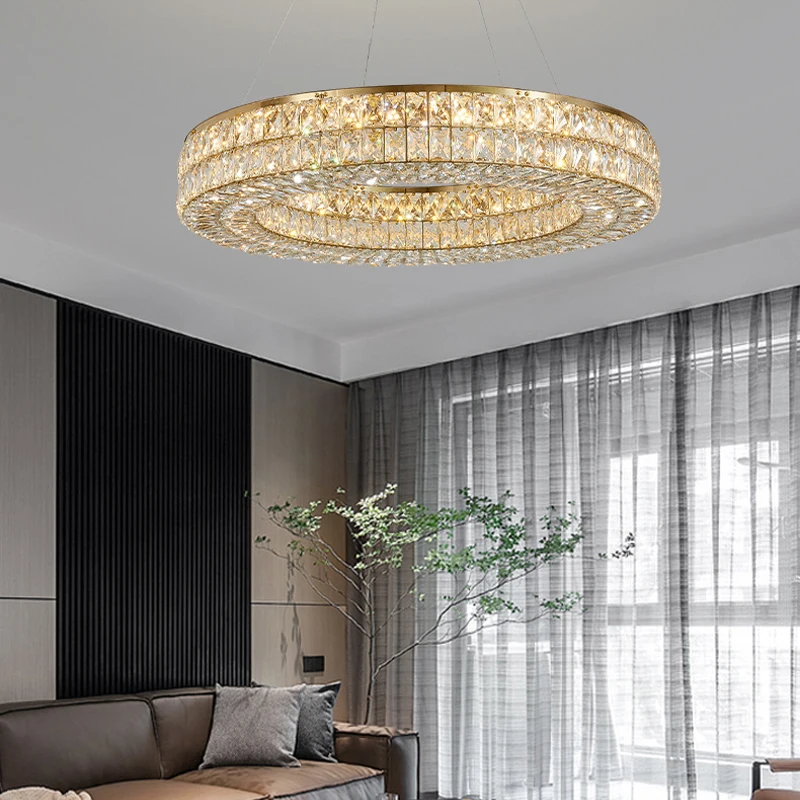 Round Crystal Chandelier Home Decoration Hanging Lamp Living Dinning Room Modern Crystal Pendant Light Kitchen Dimmable LED Lamp