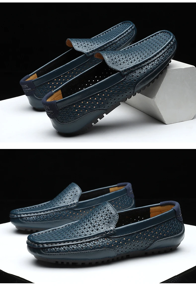 2026 Summer Men Casual Shoes Luxury Brand Genuine Leather Mens Loafers Moccasins Hollow Out Breathable Slip on Driving Shoes