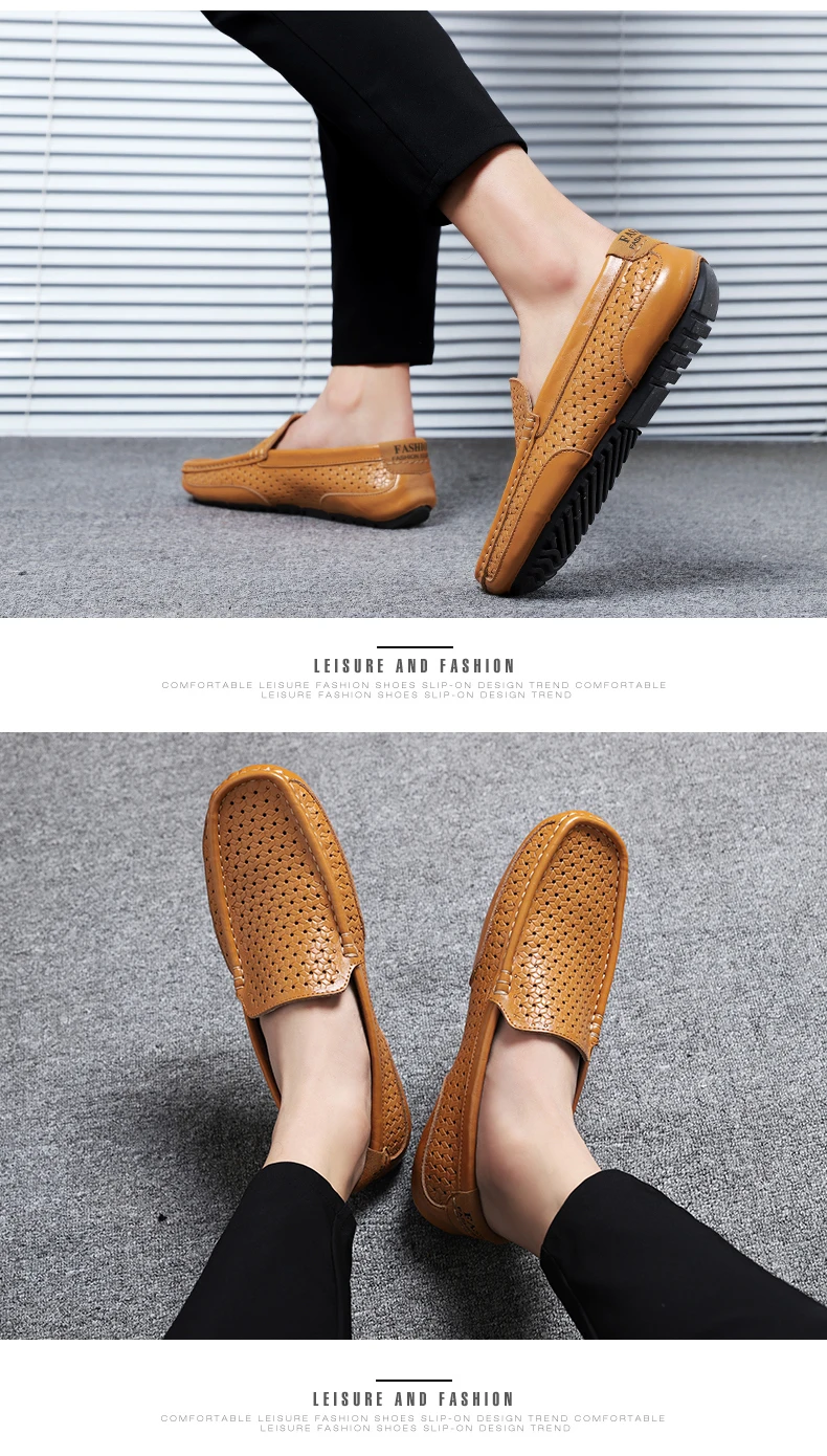 2026 Summer Men Casual Shoes Luxury Brand Genuine Leather Mens Loafers Moccasins Hollow Out Breathable Slip on Driving Shoes