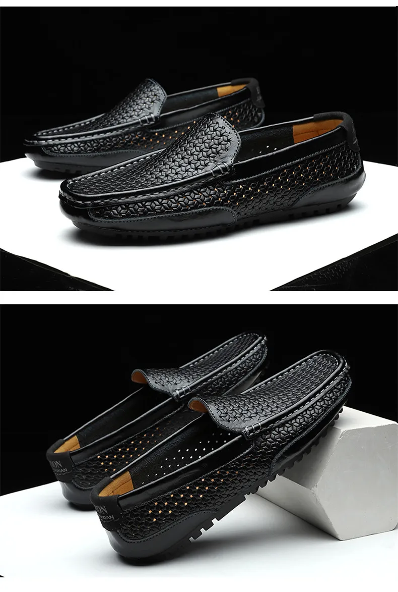 2026 Summer Men Casual Shoes Luxury Brand Genuine Leather Mens Loafers Moccasins Hollow Out Breathable Slip on Driving Shoes
