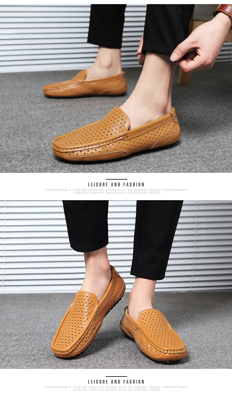 2026 Summer Men Casual Shoes Luxury Brand Genuine Leather Mens Loafers Moccasins Hollow Out Breathable Slip on Driving Shoes