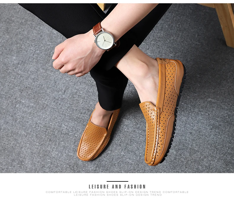 2026 Summer Men Casual Shoes Luxury Brand Genuine Leather Mens Loafers Moccasins Hollow Out Breathable Slip on Driving Shoes