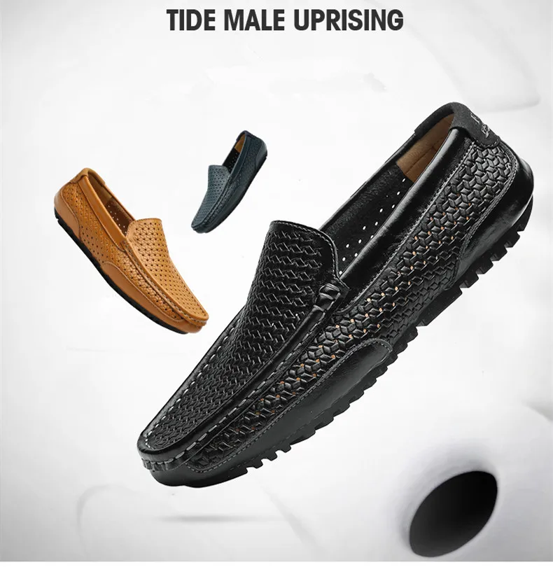2026 Summer Men Casual Shoes Luxury Brand Genuine Leather Mens Loafers Moccasins Hollow Out Breathable Slip on Driving Shoes