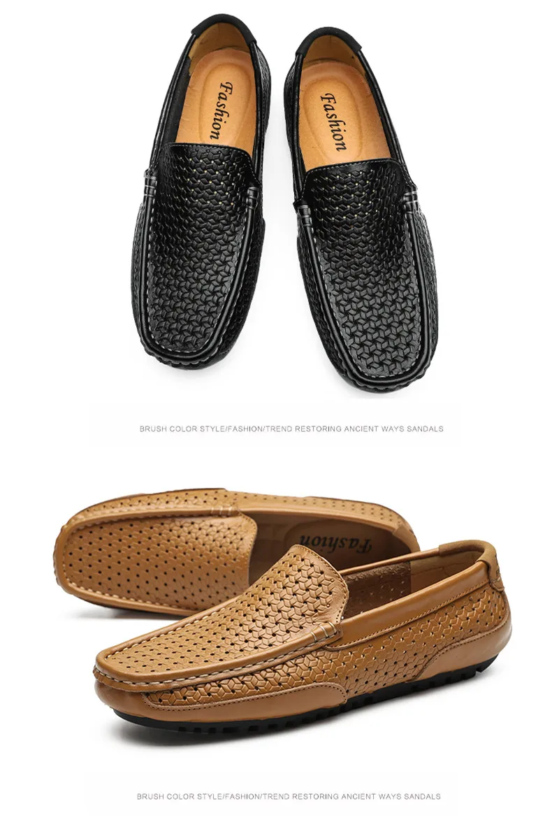 2026 Summer Men Casual Shoes Luxury Brand Genuine Leather Mens Loafers Moccasins Hollow Out Breathable Slip on Driving Shoes