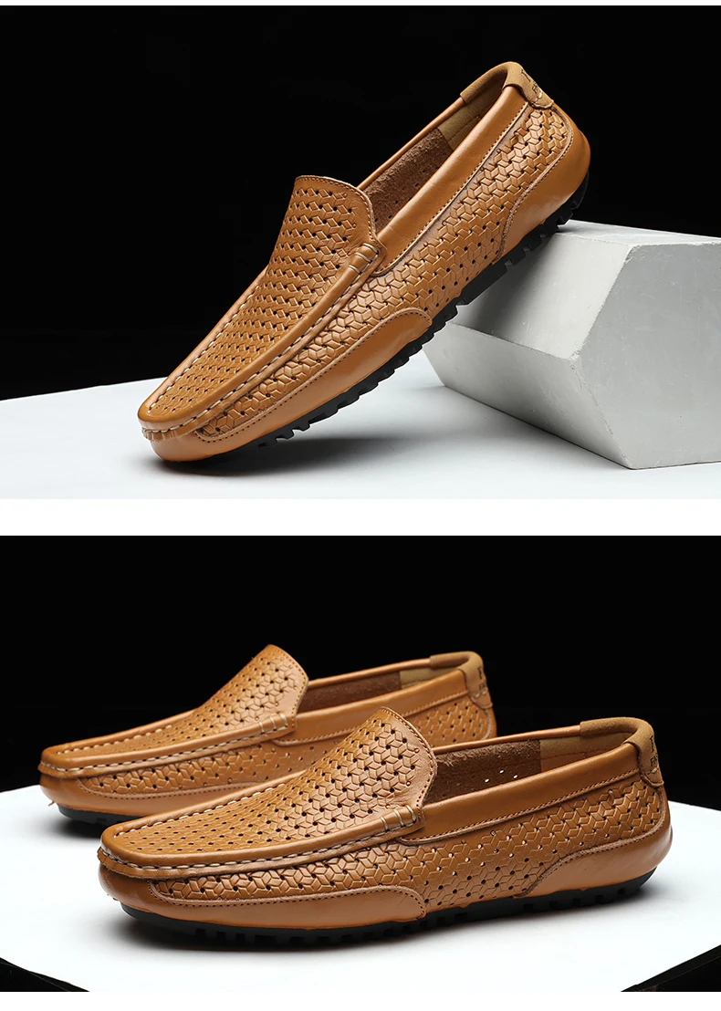 2026 Summer Men Casual Shoes Luxury Brand Genuine Leather Mens Loafers Moccasins Hollow Out Breathable Slip on Driving Shoes