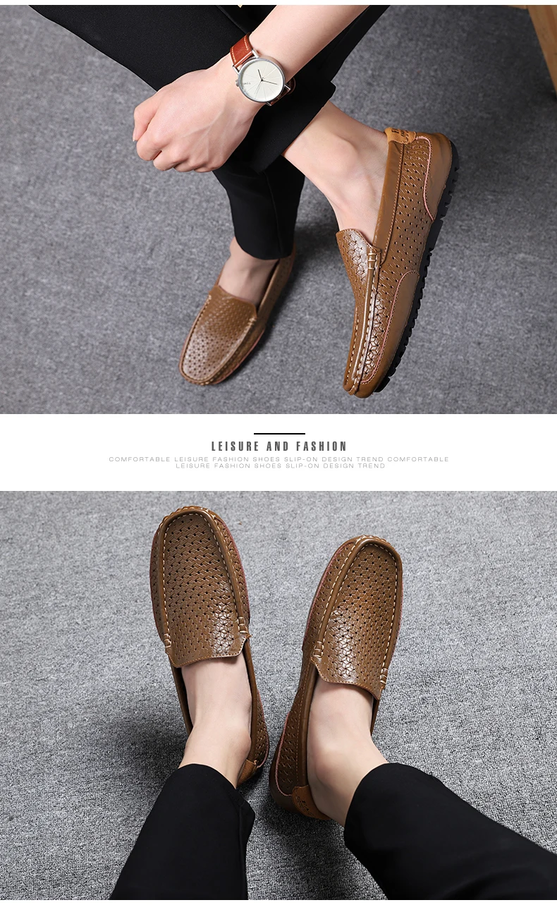2026 Summer Men Casual Shoes Luxury Brand Genuine Leather Mens Loafers Moccasins Hollow Out Breathable Slip on Driving Shoes