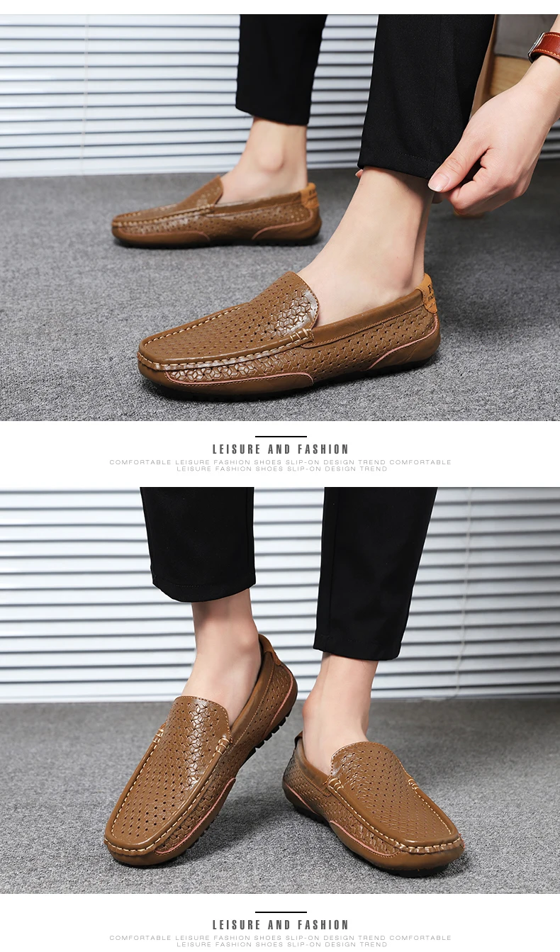 2026 Summer Men Casual Shoes Luxury Brand Genuine Leather Mens Loafers Moccasins Hollow Out Breathable Slip on Driving Shoes