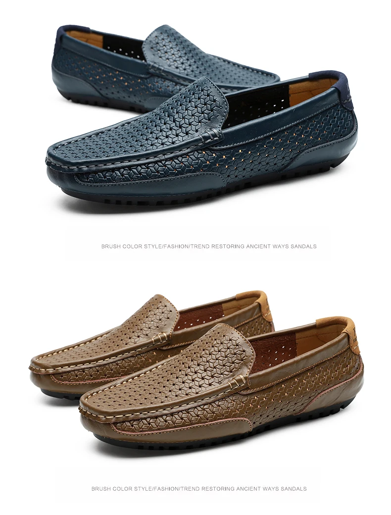 2026 Summer Men Casual Shoes Luxury Brand Genuine Leather Mens Loafers Moccasins Hollow Out Breathable Slip on Driving Shoes