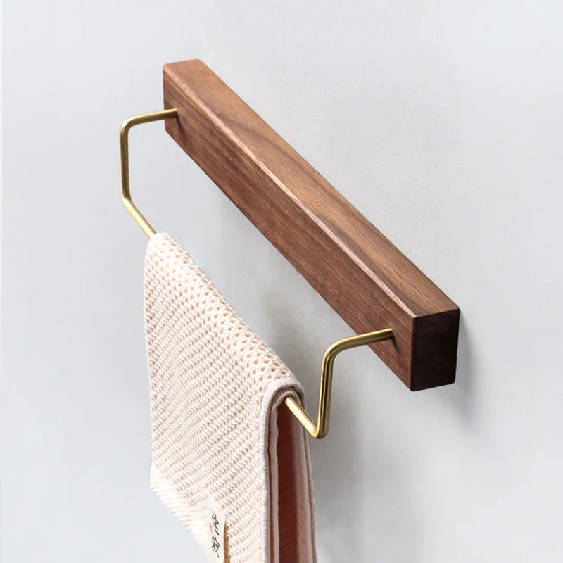 Black Walnut Wood Towel Rack Wall Mounted Retro Towel Bar Wooden Towel Holder 30cm Towel Rail Brass Hooks for Bathroom Kitchen
