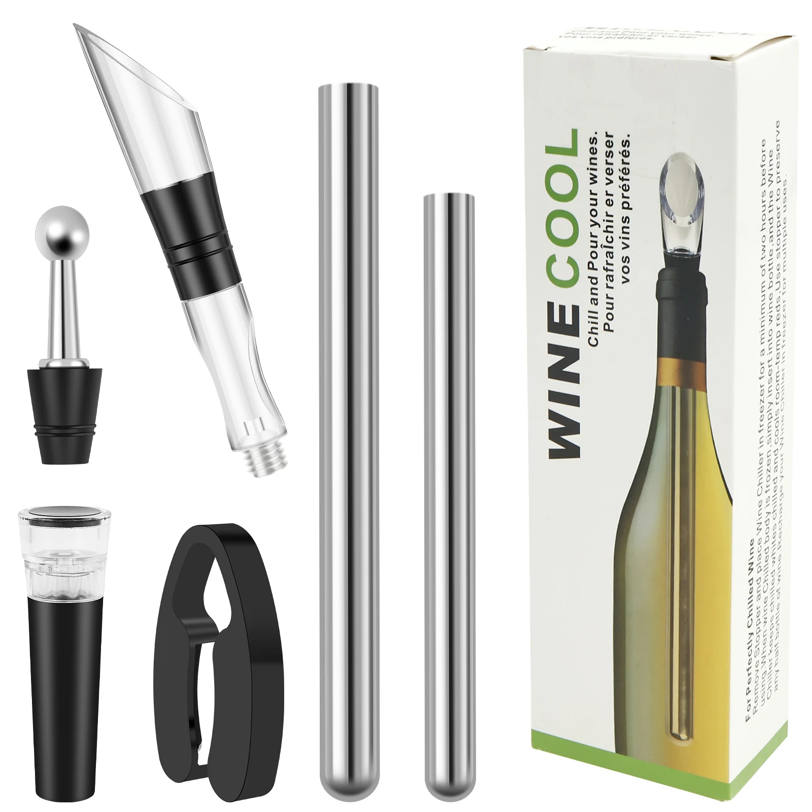 Wine Cooling Rod Stainless Frozen Stick Beer Chiller Stick Ice Wine Cooler 4 in 1 Wine Cooling w/ Wine Pourer Stopper Cutter