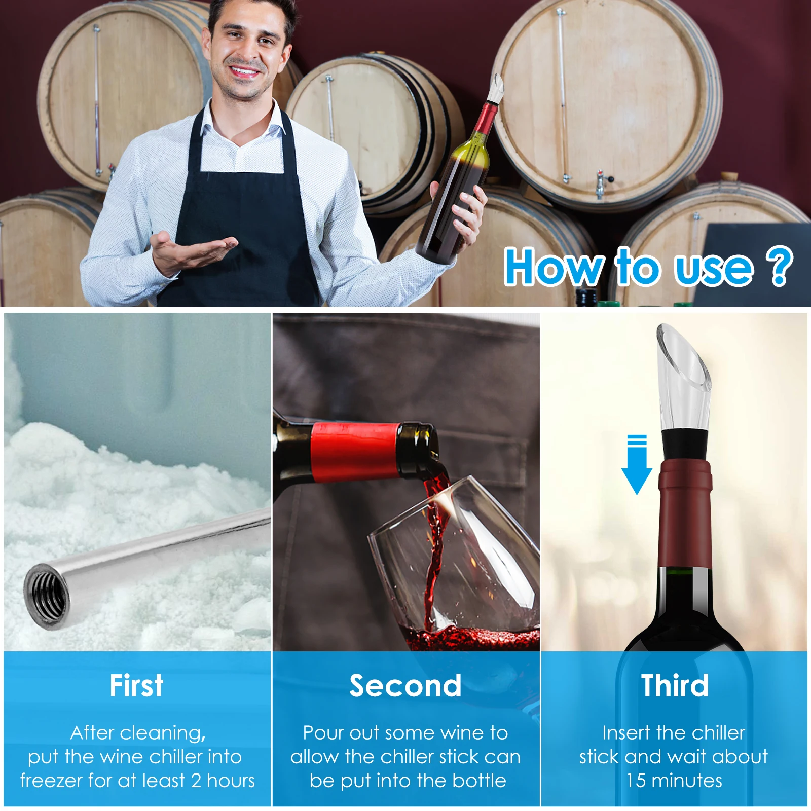 Wine Cooling Rod Stainless Frozen Stick Beer Chiller Stick Ice Wine Cooler 4 in 1 Wine Cooling w/ Wine Pourer Stopper Cutter