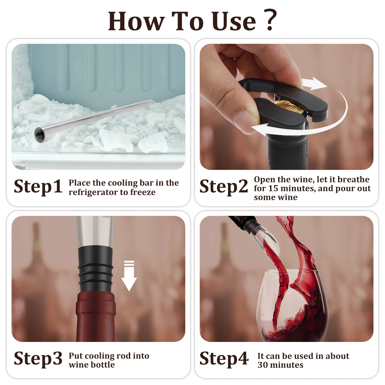 Wine Cooling Rod Stainless Frozen Stick Beer Chiller Stick Ice Wine Cooler 4 in 1 Wine Cooling w/ Wine Pourer Stopper Cutter