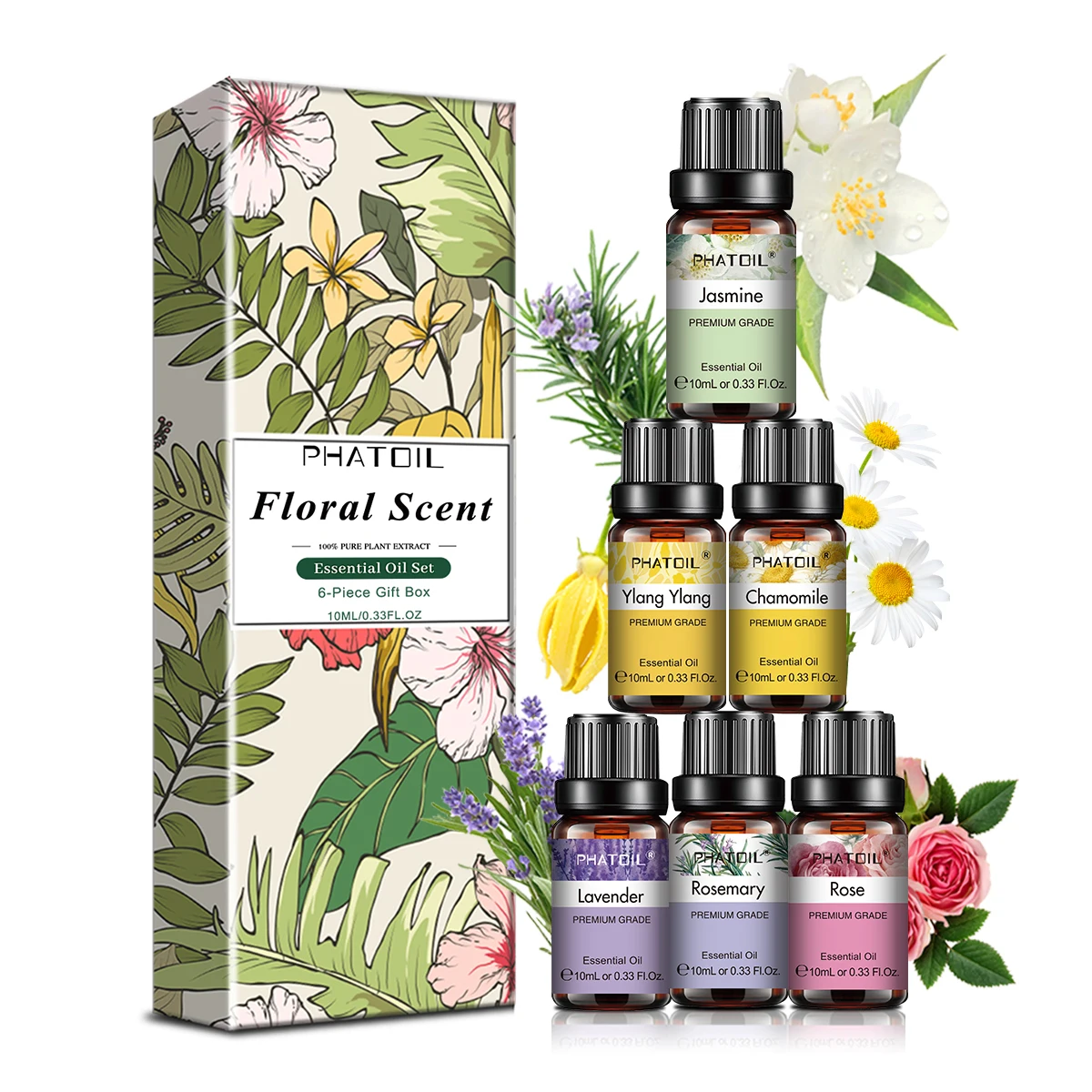 PHATOIL 6 Bottles Essential Oils Set For Aromatherapy,Diffuser-10ml Lavender Jasmine Ylang Ylang Rose Rosemary Chamomile Aroma