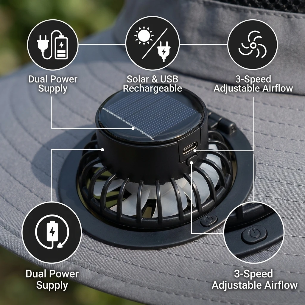 Solar Fan Hat Wide Brim UV Protection Breathable Cooling Sun Hat for Outdoor Fishing Hiking Camping Men Women