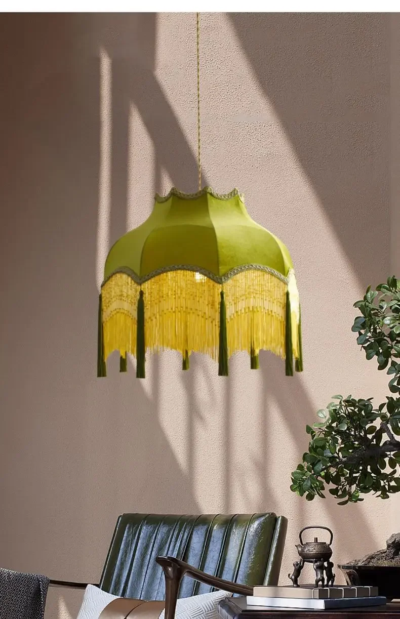 SANDYHA Retro Tassel Chandelier Fabric Art Led Lamps for Entrance Bedroom Living Dining Room Pendant Lights Suspension Luminaire