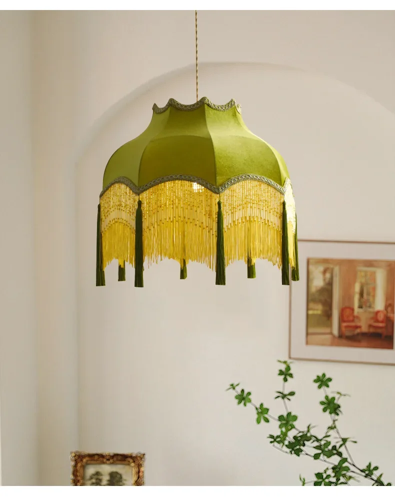 SANDYHA Retro Tassel Chandelier Fabric Art Led Lamps for Entrance Bedroom Living Dining Room Pendant Lights Suspension Luminaire
