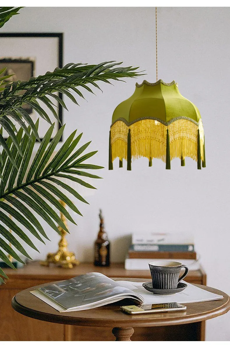 SANDYHA Retro Tassel Chandelier Fabric Art Led Lamps for Entrance Bedroom Living Dining Room Pendant Lights Suspension Luminaire