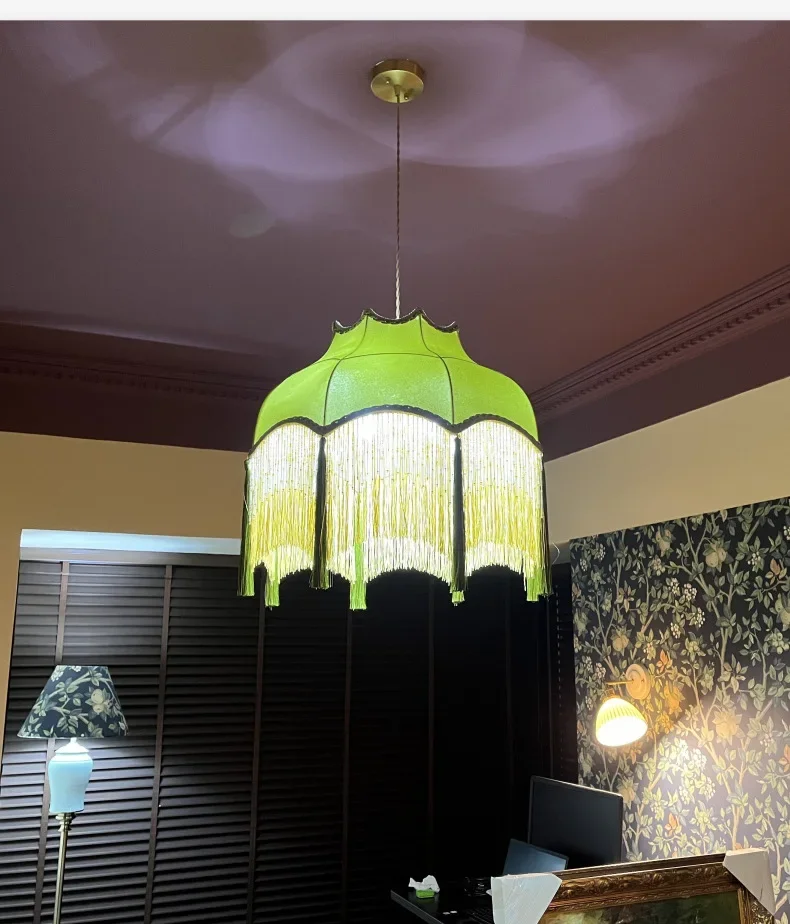 SANDYHA Retro Tassel Chandelier Fabric Art Led Lamps for Entrance Bedroom Living Dining Room Pendant Lights Suspension Luminaire