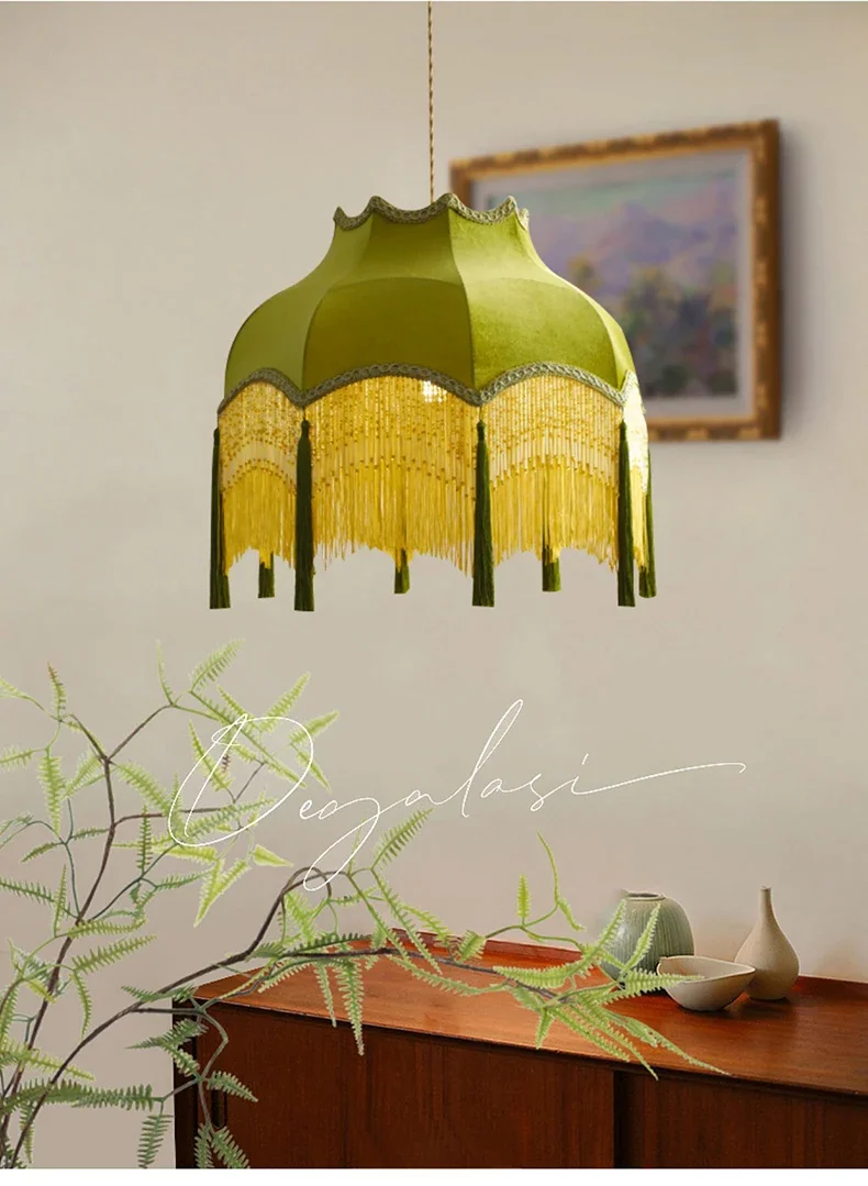 SANDYHA Retro Tassel Chandelier Fabric Art Led Lamps for Entrance Bedroom Living Dining Room Pendant Lights Suspension Luminaire