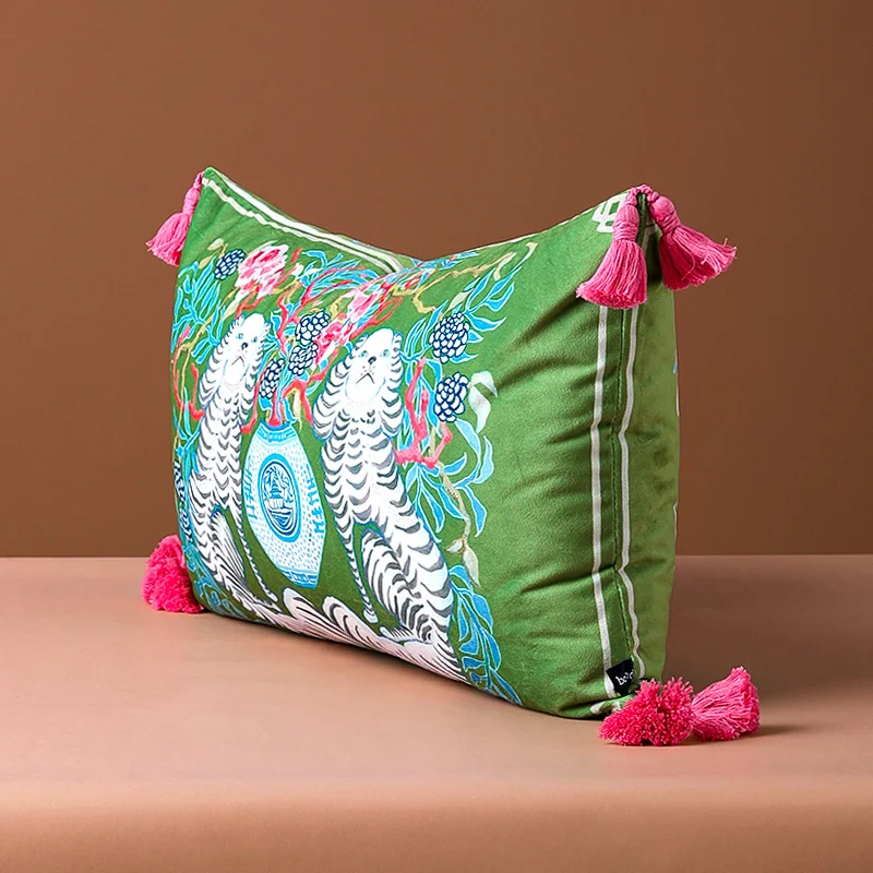 Magnificent Hill Garden Lumbar Pillow Cover Floral Tree Crane Birds Decorative Cushion Case Beautiful Chinoiserie Design 30X55cm