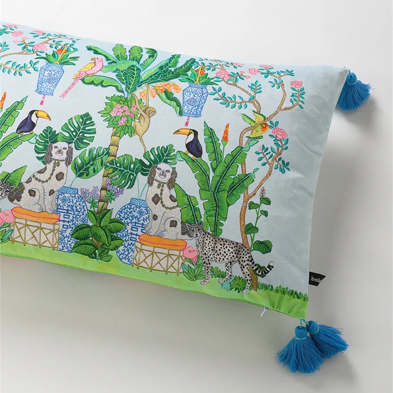 Magnificent Hill Garden Lumbar Pillow Cover Floral Tree Crane Birds Decorative Cushion Case Beautiful Chinoiserie Design 30X55cm