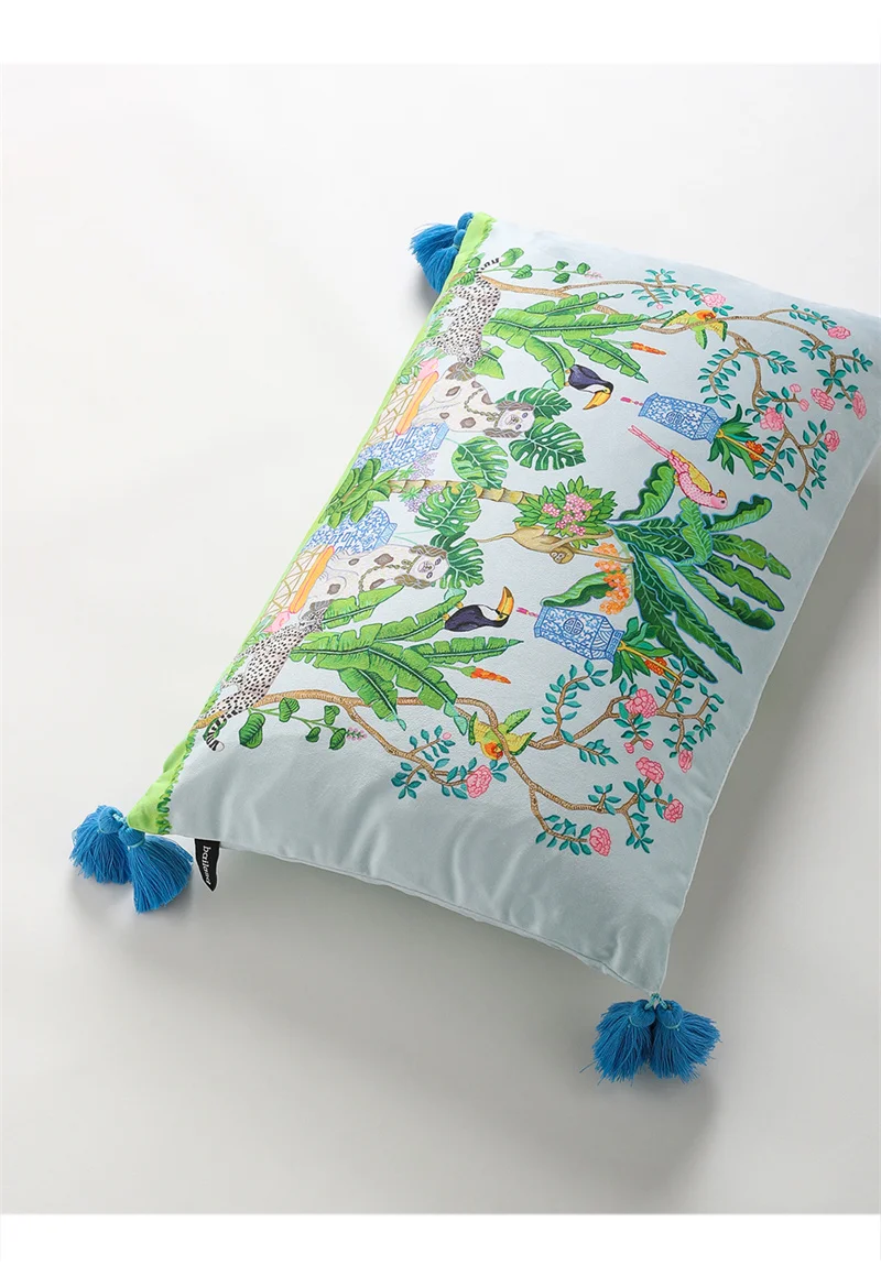 Magnificent Hill Garden Lumbar Pillow Cover Floral Tree Crane Birds Decorative Cushion Case Beautiful Chinoiserie Design 30X55cm