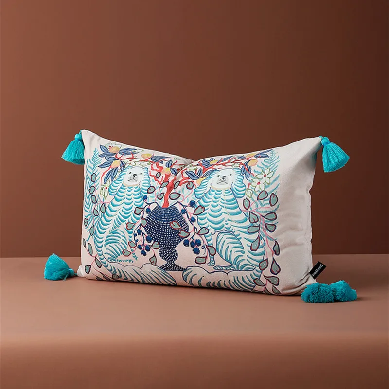 Magnificent Hill Garden Lumbar Pillow Cover Floral Tree Crane Birds Decorative Cushion Case Beautiful Chinoiserie Design 30X55cm