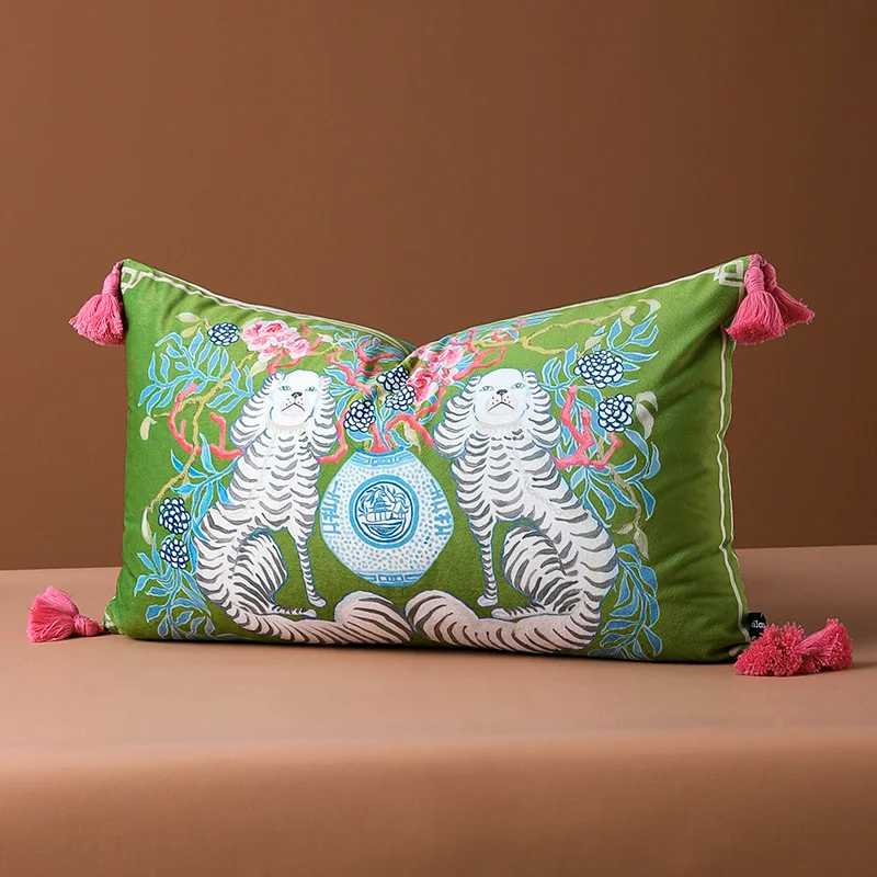 Magnificent Hill Garden Lumbar Pillow Cover Floral Tree Crane Birds Decorative Cushion Case Beautiful Chinoiserie Design 30X55cm