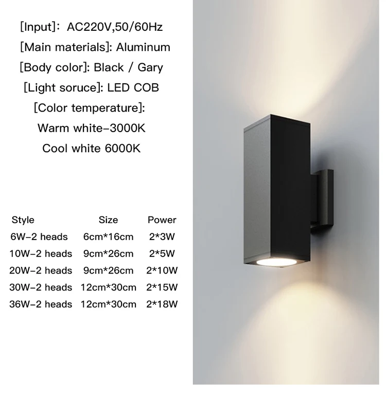 Black Gray Up-Down Outdoor Wall Light 6W 10W 20W 30W 36W Porch Garden Waterproof Home LED Light Outdoor