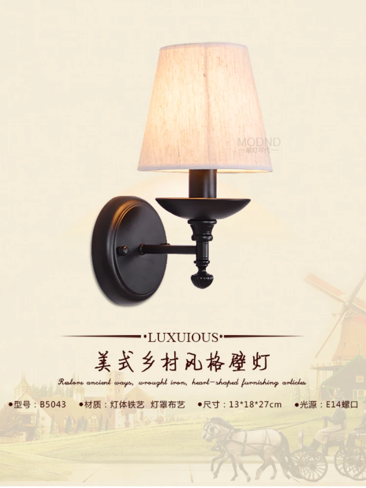 American Style Wall Lamp Retro Garden Wall Sconce Led Lights Bedroom Bedside Lamp Rural Creative Aisle Iron Indoor Lighting