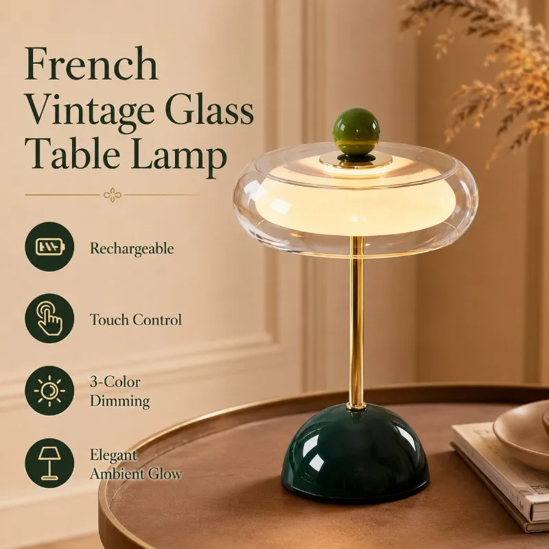 French Vintage Glass Rechargeable Touch Dimming Elegant Bedside Decor for Bedroom Living Room Hotel Ambient LED Table Lamp
