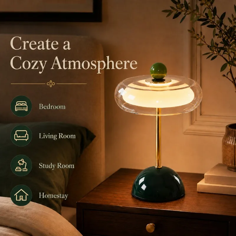 French Vintage Glass Rechargeable Touch Dimming Elegant Bedside Decor for Bedroom Living Room Hotel Ambient LED Table Lamp